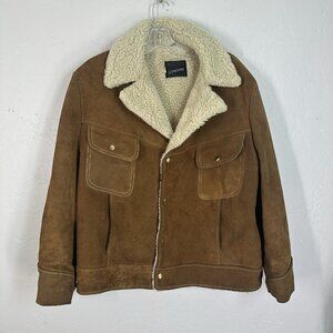 Vintage JC Penney Rancher Jacket Men 46 Brown Suede Shearling Lined Pockets Snap